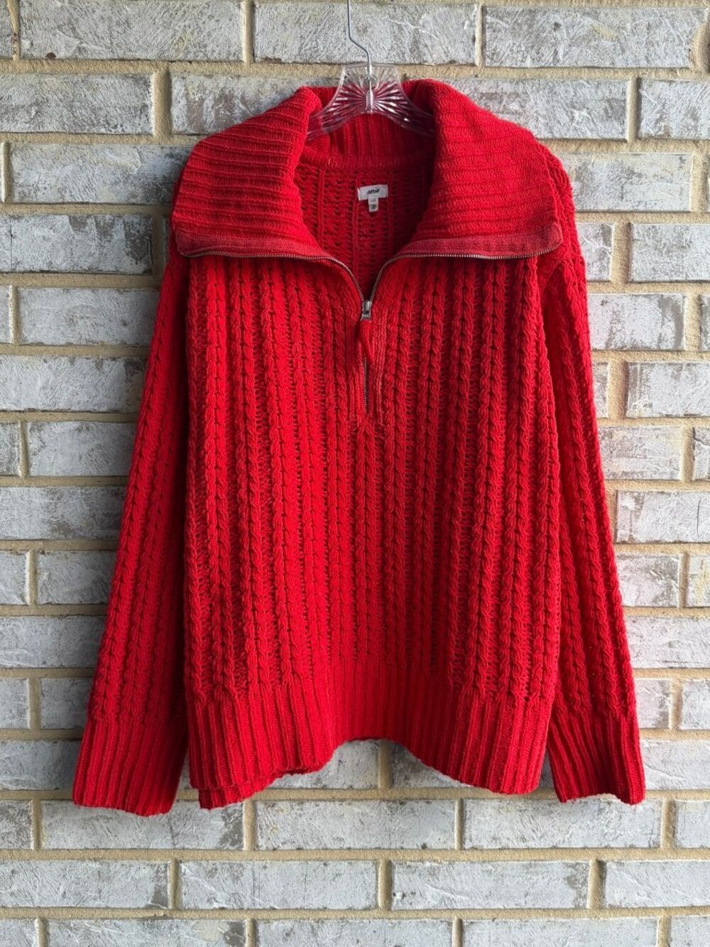 AERIE Long Sleeve 1/4 Zip Open Knit Oversized Soft Red Sweater Size L.